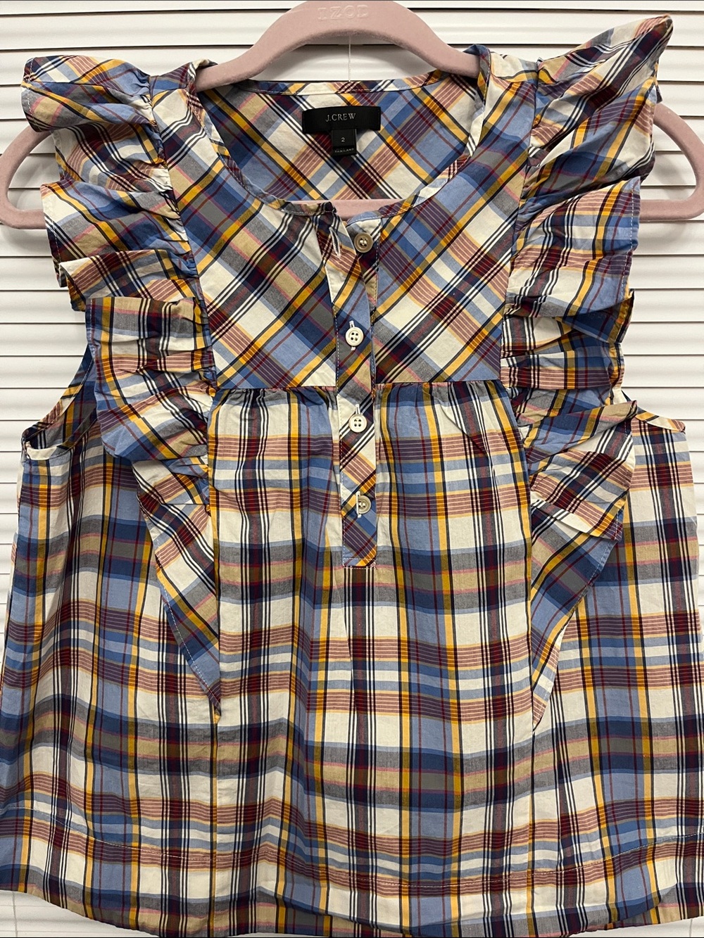 J. Crew Plaid Ruffle Shoulder Button Front Tank — Blue, Yellow & Burgundy